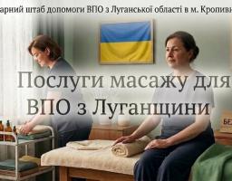 На ілюстрації з написом «Послуги масажу для ВПО з Луганщини» зображено двох жінок у кабінеті з масажним столом, прикрашеному прапором України та картою Луганської області, що анонсує безкоштовну допомогу від Гуманітарного штабу в Кропивницькому
