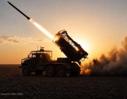 На панорамній світлині, зробленій на заході сонця, силует української реактивної системи залпового вогню на базі вантажівки здійснює пуск ракети, що здіймається в небо з яскравим вогняним слідом та густою хмарою диму посеред безкрайнього поля