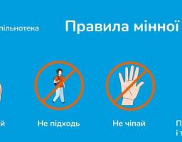 На синьому горизонтальному плакаті «Правила мінної безпеки» від UNICEF та Спільнотеки зображено чотири ілюстровані поради: руки з біноклем під написом «Будь уважний», перекреслена фігура людини — «Не підходь», перекреслена долоня — «Не чіпай» та рука зі смартфоном, що викликає службу 101, із закликом покликати дорослого.