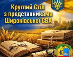 На патріотичному банері із синьо-жовтим прапором і гербом України у верхній частині та великим золотистим написом «Круглий Стіл з представниками Широківської СВА» зображено старовинні книги, окуляри, сувій і лупу на тлі стиглого пшеничного поля з промисловою будівлею вдалині, а також круглу емблему з датою «2020» у нижньому правому кутку