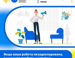 На інформаційному плакаті Державної служби України з питань праці в синьо-жовтих кольорах зображено ілюстрацію офісного інтер'єру, де по центру стоїть рудоволоса жінка у світлій сорочці та темних штанах, яка тримає в лівій піднятій руці синій мегафон, оточена двома синіми кріслами, вазонами з рослинами та поличками на стіні, тоді як у верхній частині розміщено гасло про трудовий договір, а внизу на синьому тлі великими білими літерами написано заголовок: «Якщо ваша робота незадекларована, ви можете зробити 