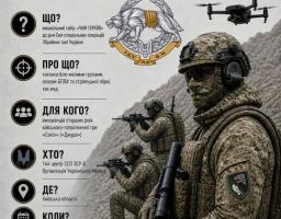Інформаційний плакат військово-патріотичного вишколу «Чин Героїв» із детальною інформацією про захід зліва та зображенням українських військових у камуфляжі з дроном і зброєю справа
