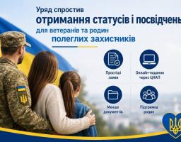 Інформаційний плакат із написом про спрощення отримання статусів і посвідчень ветеранам містить зображення військового, який обіймає жінку та дитину на тлі державного прапора, та чотири круглих іконки з поясненнями нових послуг.