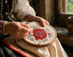 Великий план рук жінки в українському традиційному костюмі, яка вишиває хрестиком велику червону троянду з сіро-зеленими листочками на полотні, натягнутому на круглі дерев'яні п'яльця.