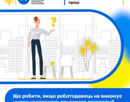 Інформаційний банер Державної служби України з питань праці із зображенням жінки в офісі на тлі хмарочосів та питанням у нижній синій смузі: «Що робити, якщо роботодавець не виконує умови укладеного трудового договору?»