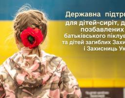 Інформаційний плакат про державну підтримку дітей-сиріт та дітей загиблих захисників містить зображення дівчинки у камуфляжній куртці зі спини, у зачіску якої вплетена велика червона квітка маку, на тлі синьо-жовтого прапора.