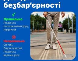 На синьому банері «Довідник безбар'єрності» поруч із фотографією людини з тактильною тростиною на пішохідному переході зазначено, що правильними термінами є «людина з порушеннями зору» та «незрячий», а слова «сліпий» чи «підсліпуватий» вказані як неправильні