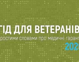 На захисному оливково-зеленому тлі з піксельним візерунком розміщено білий текстовий заголовок «ГІД ДЛЯ ВЕТЕРАНІВ: простими словами про медичні гарантії» та яскраво-блакитне число «2026» у нижньому правому куті.