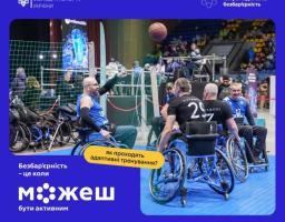 На синьому банері з логотипом Міністерства молоді та спорту України зображено чоловіків на кріслах колісних під час адаптивного тренування з баскетболу, що супроводжується гаслом: «Безбар'єрність — це коли можеш бути активним»