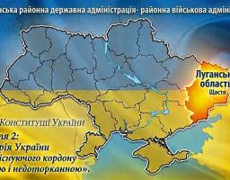 Інформаційний банер Щастинської РДА до 30-річчя Конституції України із зображенням карти держави, де яскраво підсвічено Луганську область, на тлі синьо-жовтого прапора та з текстом статті 2 про цілісність і недоторканність території.