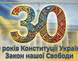 Святковий банер до 30-річчя Конституції України із зображенням великої цифри «30», оздобленої традиційними орнаментами вишивки, на тлі національного прапора та будівлі державного органу