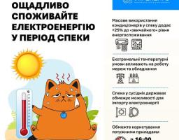 Інформаційна графіка від «Укренерго» містить заклик ощадливо споживати електроенергію у спеку та ілюстрацію з рудим котом, який пітніє біля термометра під гарячим сонцем, а також перелік причин навантаження на систему та рекомендацію обмежити використання приладів з 16:00 до 23:00.
