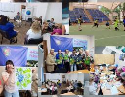 Колаж із кількох світлин демонструє різні заходи за участю людей різного віку, серед яких групові бесіди в аудиторіях, гра в хокей на траві, творчі майстер-класи з малювання та презентація готових малюнків із соняшниками на тлі прапора з написом «Щастинський район»