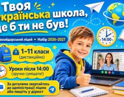 Яскравий рекламний банер Новоайдарського ліцею про набір на дистанційне навчання містить гасло «Твоя українська школа, де б ти не був!», зображення усміхненого хлопчика перед ноутбуком з онлайн-уроком та інформаційні блоки про 1–11 класи й заняття після 14:00 на синьому тлі з глобусом і шкільним приладдям
