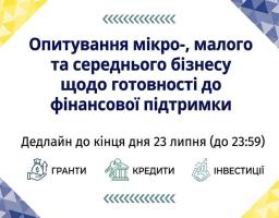 На інформаційному банері з білим тлом та жовто-синіми трикутними візерунками по кутах розміщено темно-синій заголовок про опитування мікро-, малого та середнього бізнесу щодо готовності до фінансової підтримки, дедлайн до 23 липня (23:59) та три іконки з підписами: «ГРАНТИ», «КРЕДИТИ» та «ІНВЕСТИЦІЇ».