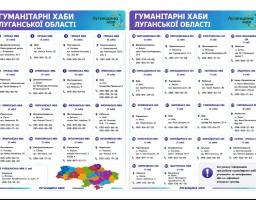 Інформаційний плакат із логотипом «Луганщина моя», на якому у вигляді двох великих таблиць із нумерованими блоками розміщено адреси та номери телефонів гуманітарних хабів різних громад Луганської області в інших регіонах України, доповнений малюнком карти області внизу