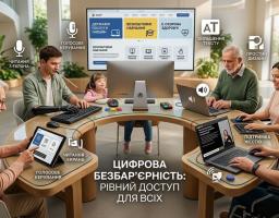 На інформаційному плакаті з написом «Цифрова безбар’єрність: рівний доступ для всіх» зображено людей з інвалідністю та людей похилого віку, які працюють за круглим столом із різними гаджетами, оточені іконками допоміжних технологій — від голосового керування до підтримки жестів.