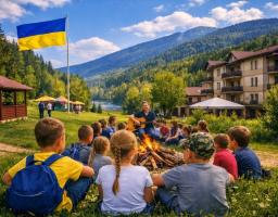 Група дітей сидить на зеленій галявині навколо багаття на тлі Карпатських гір, готелю та прапора України, слухаючи жінку, яка грає на гітарі