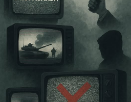 Ілюстрація в темних тонах, що критикує пропаганду. Кілька старих телевізорів із зернистим екраном. На верхньому телевізорі великими білими літерами написано «PROPAGANDA». На інших екранах зображені військові сцени з танками та вибухами. На одному з нижніх телевізорів поверх статичного зображення розташовано великий червоний знак «X». Права частина зображення містить руку, що тримає мегафон, та тінь або силует людини