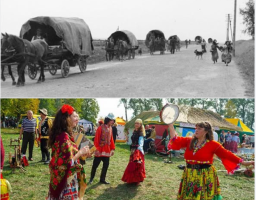 Колаж порівнює два аспекти ромської культури: верхня чорно-біла світлина показує традиційний кочовий побут із критими возами, запряженими кіньми, що рухаються дорогою, а нижня кольорова ілюструє сучасне святкування з людьми у яскравому національному вбранні, які танцюють і грають на музичних інструментах під час фестивалю на фоні наметів.