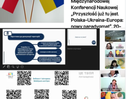 Колаж містить зображення прапорів Польщі та України з анонсом міжнародної наукової конференції, слайд презентації про підготовку до деокупації територій, віконця онлайн-учасників зустрічі, а також блок із п'ятьма QR-кодами для переходу до інформаційних матеріалів та віртуального туру.